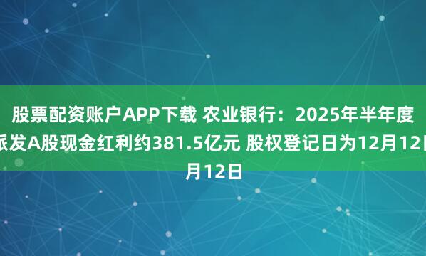 股票配资账户APP下载 农业银行：2025年半年度派发A股现金红利约381.5亿元 股权登记日为12月12日